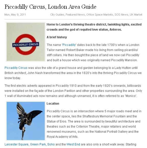 Content Writing: Piccadilly Circus, London Area Guide